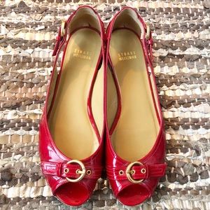 Stuart Weizmann: red patent peep toe sandals